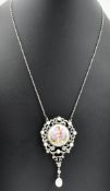 18CT GOLD PEARL & ENAMEL DIAMOND PENDANT NECKLACE