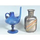 VINTAGE ART DECO STYLE VASE TOGETHER WITH A JUG IN THE MANNER OF BRISTOL BLUE.