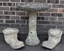 20TH CENTURY STONEWARE GARDEN BIRD BATH AND PLANT POTS