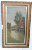 ANTIQUE EARLY 20TH CENTURY OIL ON CANVAS PAINTING OF A RIVERSIDE SCENE