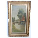 ANTIQUE EARLY 20TH CENTURY OIL ON CANVAS PAINTING OF A RIVERSIDE SCENE