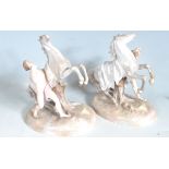 PAIR OF 20TH CENTURY MEISSEN STYLE HORSE TRAINER FIGURES.