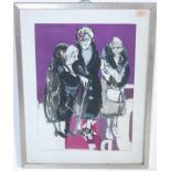 ANNE CHRISTIE - THREE OLD LADIES - COLLAGE AND WASH PICTURE / PAINTING