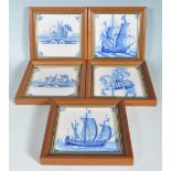 FIVE ANTIQUE DELFT BLUE AND WHITE PAINTED TILES