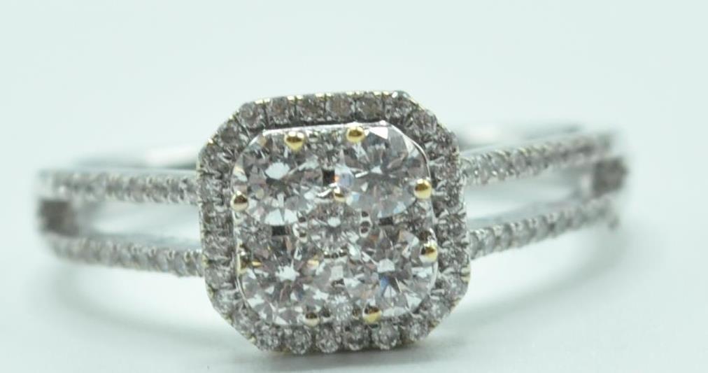 STAMPED 18K WHITE GOLD AND DIAMOND CLUSTER RING. - Image 8 of 8