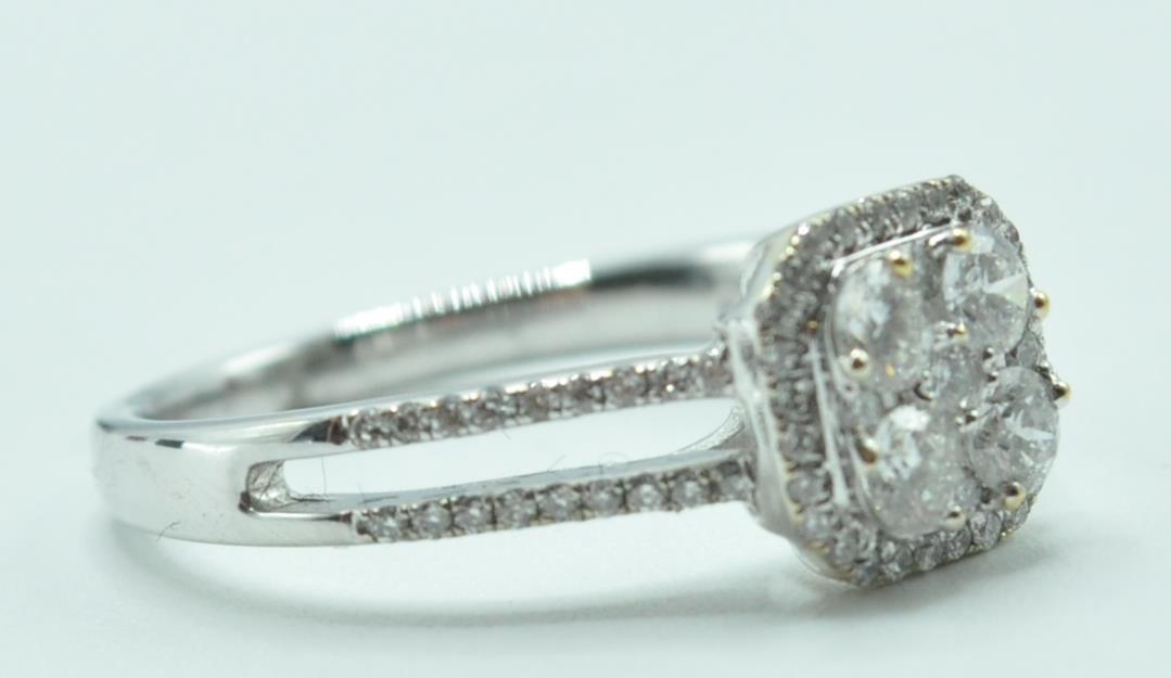 STAMPED 18K WHITE GOLD AND DIAMOND CLUSTER RING. - Image 2 of 8
