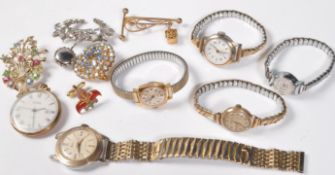 COLLECTION OF SIX VINTAGE WATCHES AND FOUR BROOCHES