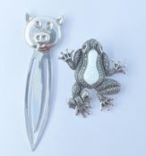 SILVER BOOK MARK AND WHITE METAL AND OPAL BROOCH