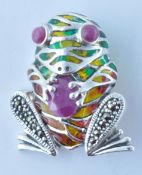 STAMPED 925 SILVER PLIQUE A JOUR AND MARCASITE FROG BROOCH.