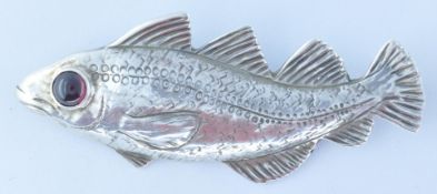 SILVER AND RED STONE FISH BROOCH