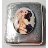 SILVER HALLMARKED CIGARETTE CASE WITH NUDY STUDY PANEL.