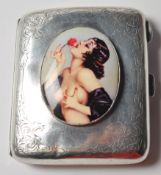 SILVER HALLMARKED CIGARETTE CASE WITH NUDY STUDY PANEL.