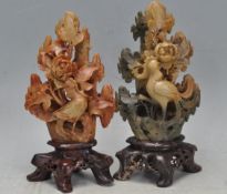 PAIR OF CHINESE CARVED HARDSTONE BIRD FIGURINES.