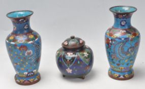 TWO CHINESE ORIENTAL CLAISONNE VASES AND A POT