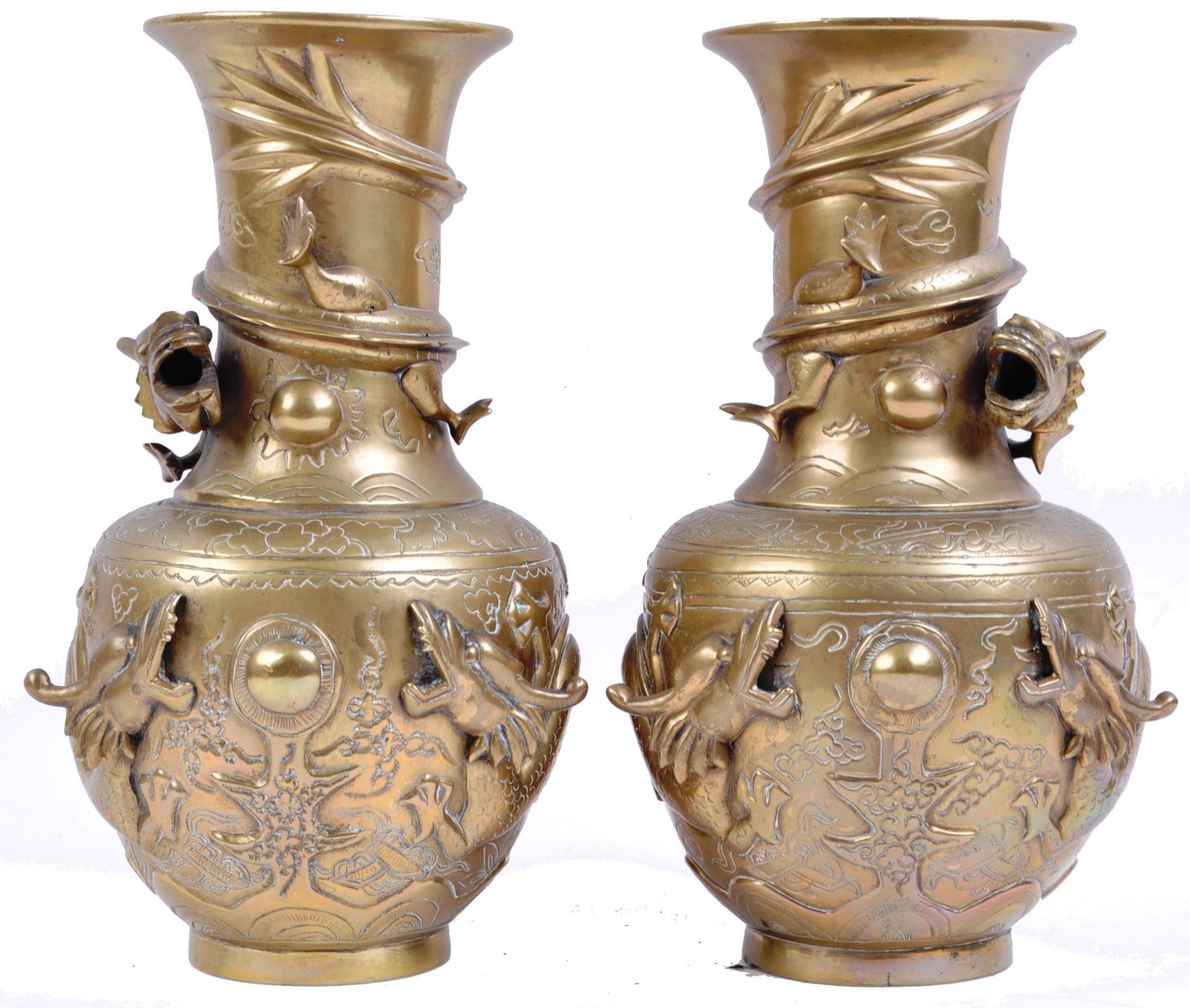PAIR OF ANTIQUE CHINESE BRASS DRAGON VASES