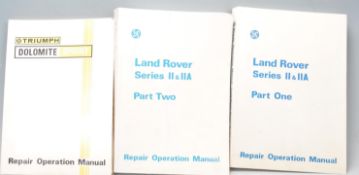 THREE VINTAGE REPAIR OPERATING MANUALS - LAND ROVER AND TRIUMPH