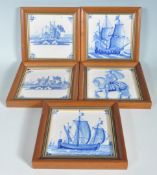 FIVE ANTIQUE DELFT BLUE AND WHITE PAINTED TILES