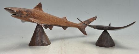 VINTAGE BELIZIAN HARDWOOD CARVING OF A SHARK AND MANTA RAY