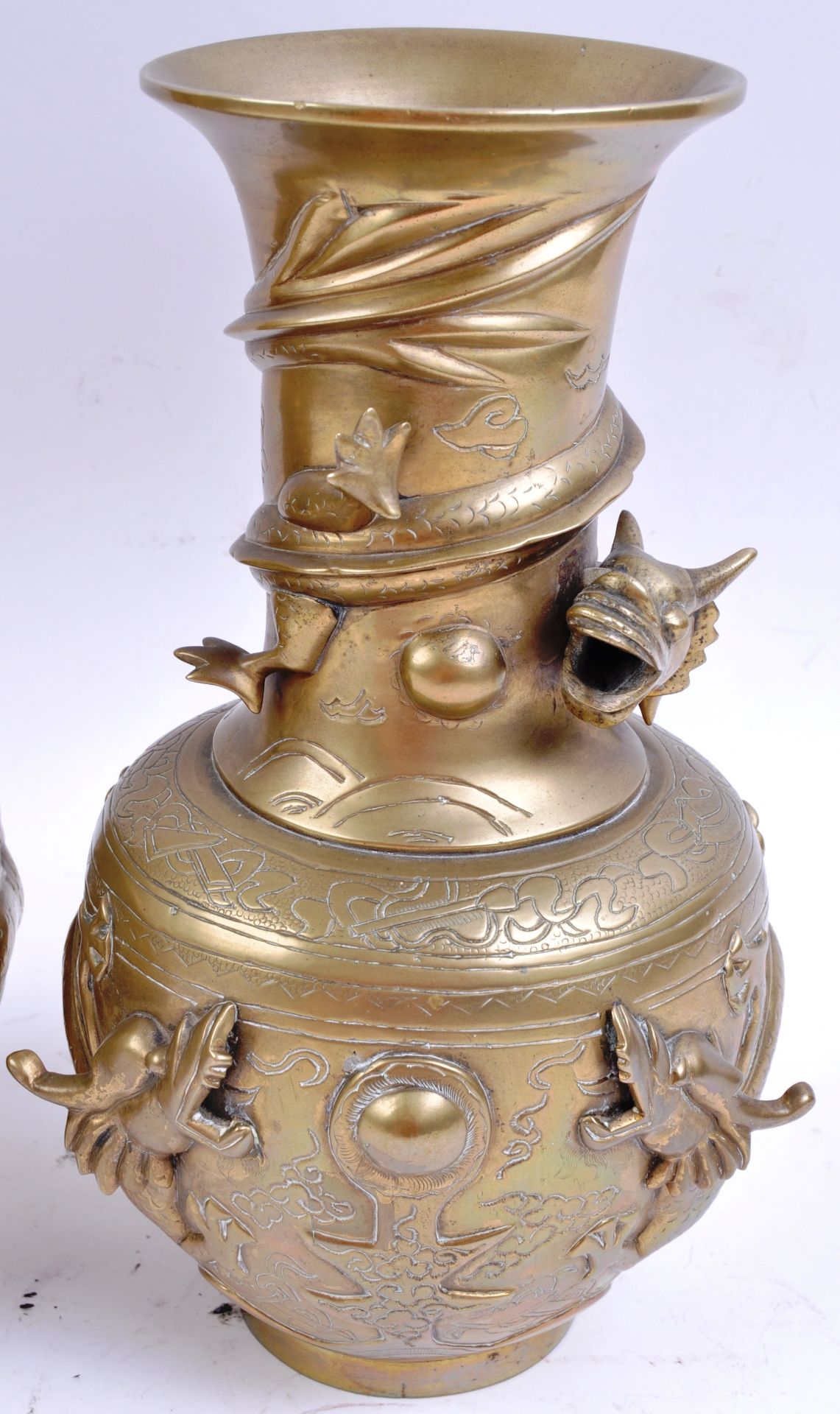 PAIR OF ANTIQUE CHINESE BRASS DRAGON VASES - Image 3 of 8