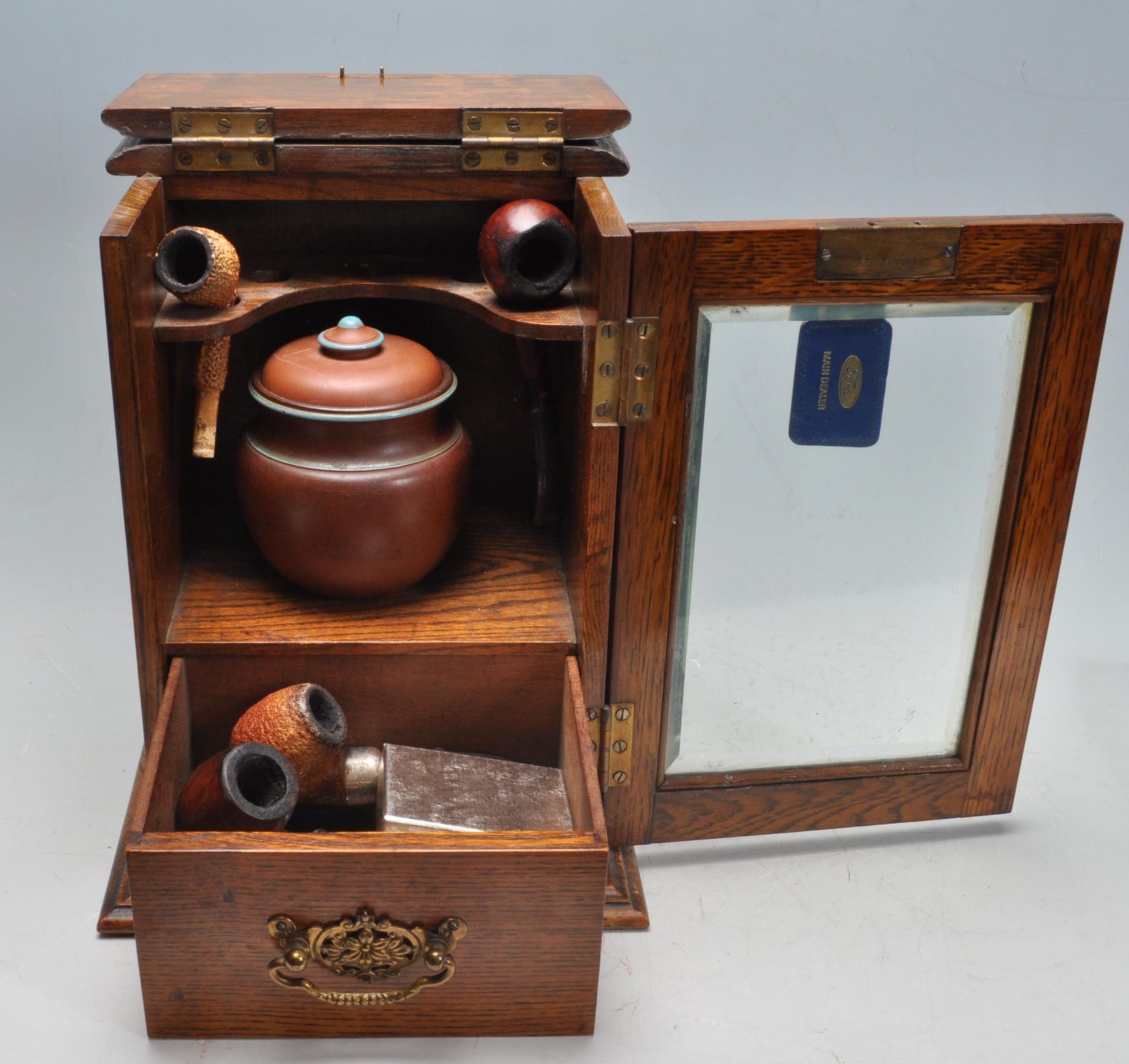 19TH CENTURY VICTORIAN OAK SMOKERS CABINET COMPLETE WITH PIPES, TOBACCO JAR, LIGHTER AND TOOLS - Image 2 of 6