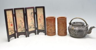 GROUP OF CHINESE MISCELLANEOUS ITEMS TO INCLUDE TEAPOT AND BRUSH POTS.
