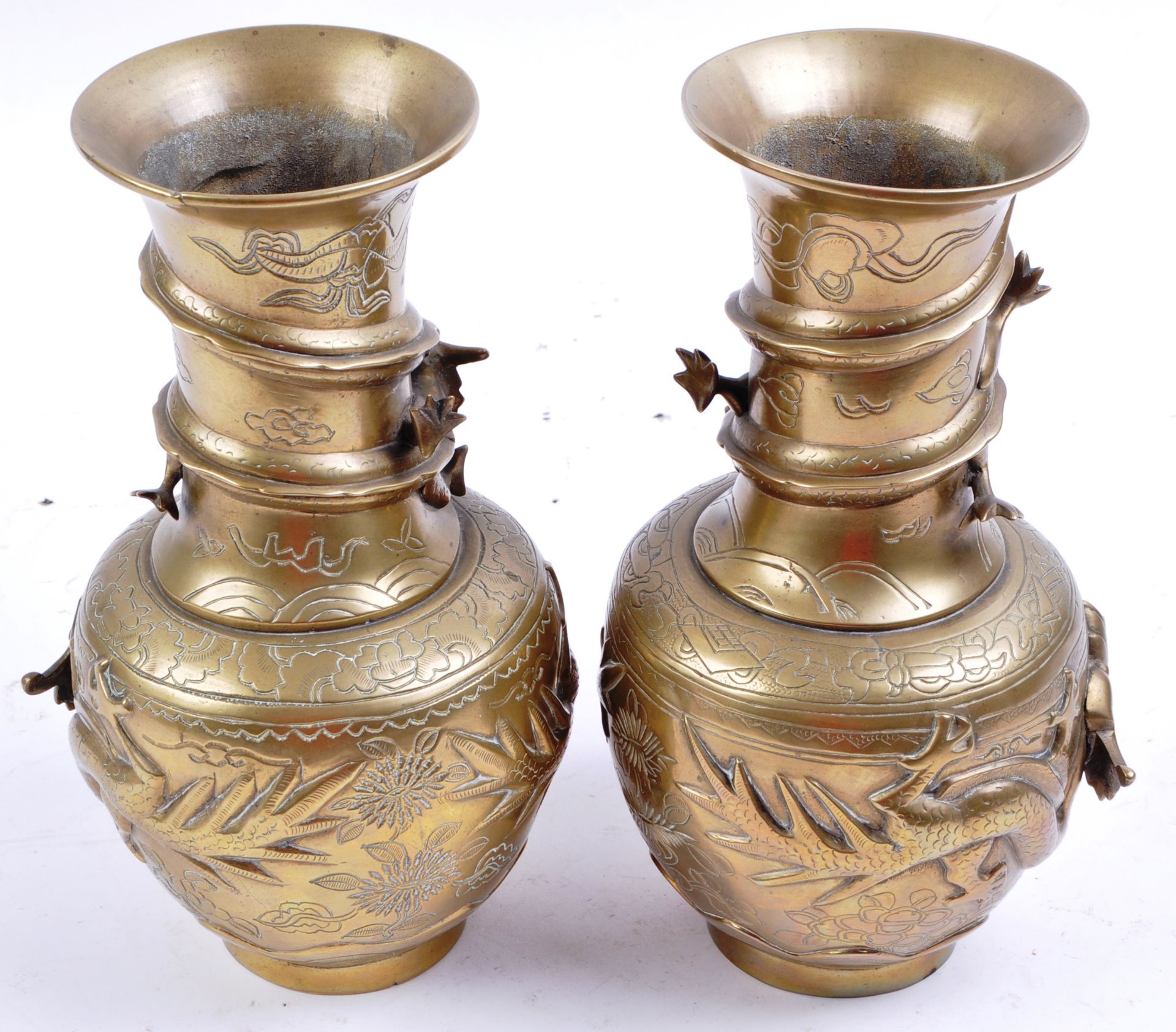 PAIR OF ANTIQUE CHINESE BRASS DRAGON VASES - Image 7 of 8