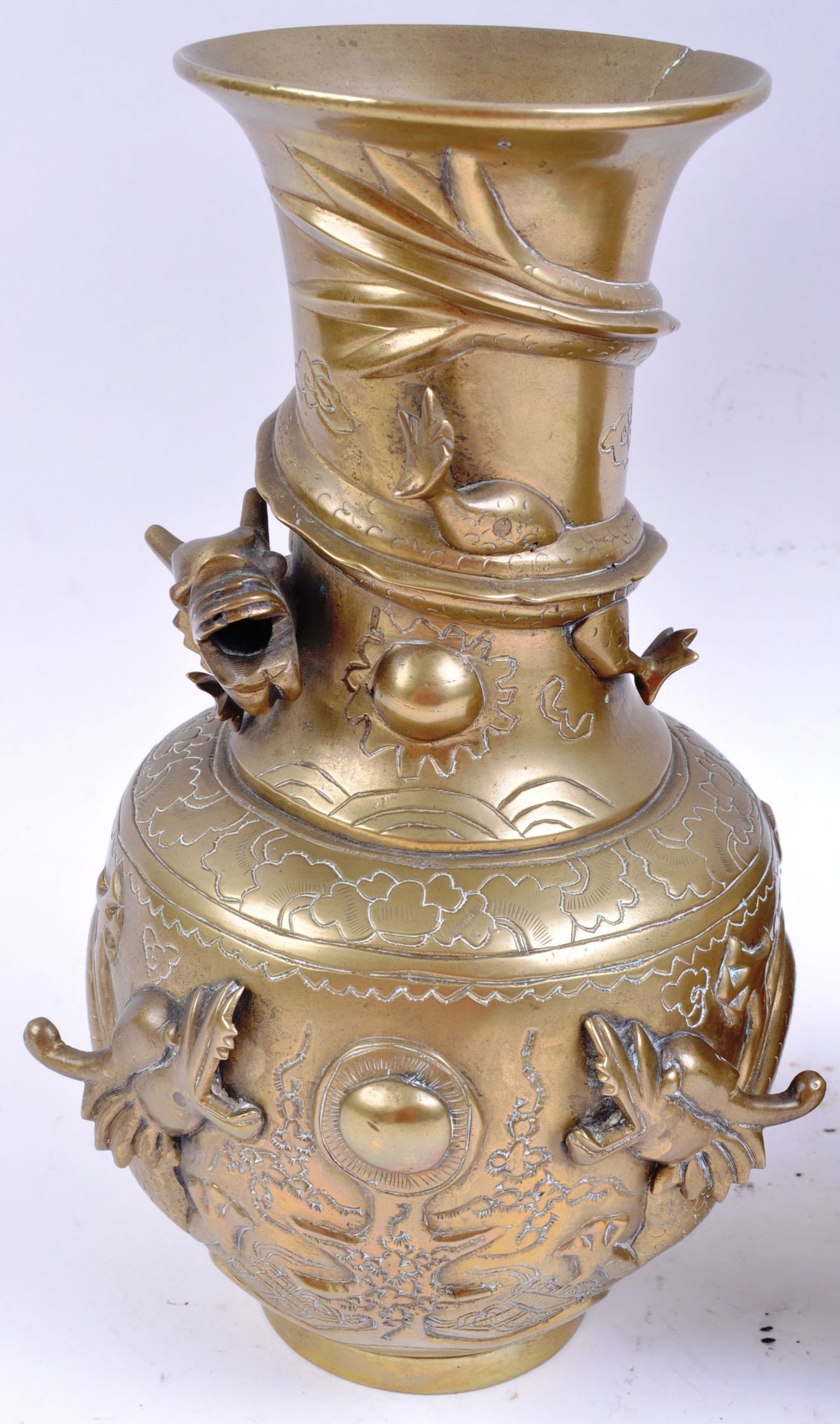 PAIR OF ANTIQUE CHINESE BRASS DRAGON VASES - Image 2 of 8