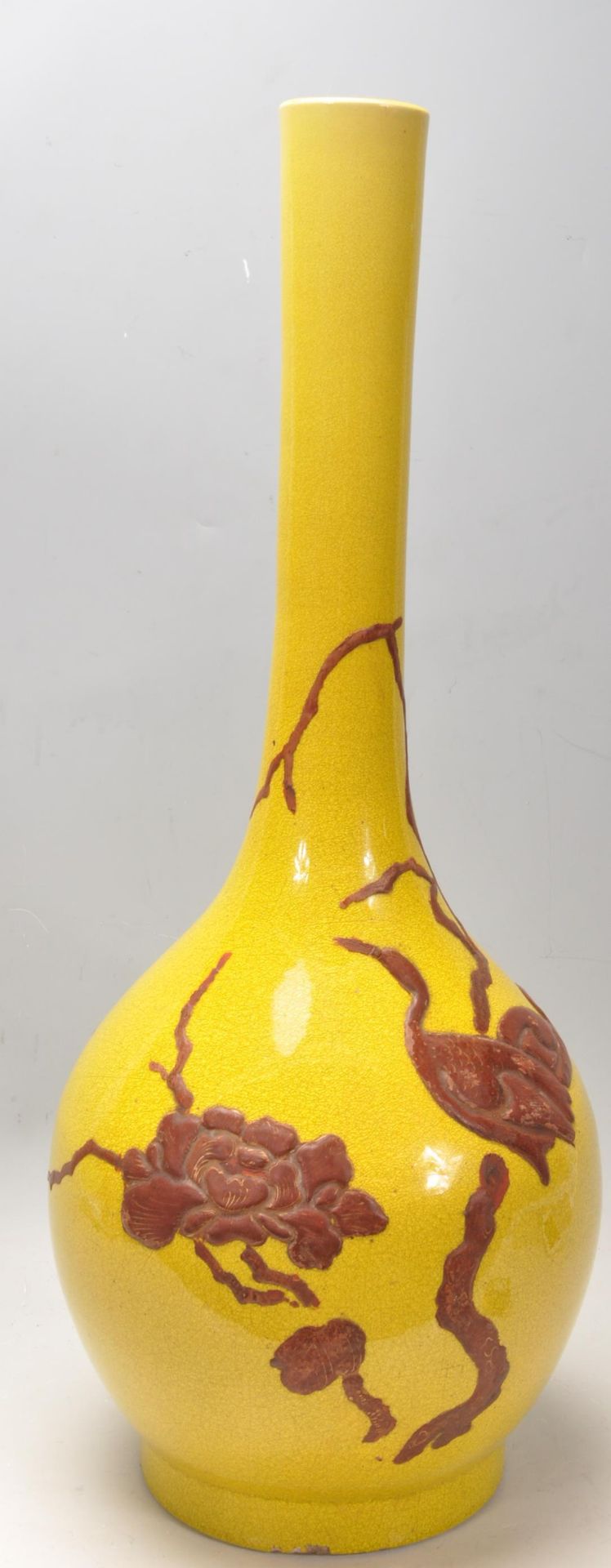 AESTHETIC PERIOD YELLOW VASE WITH RED CRANES AND CHRYSANTHEMUM DECORATION