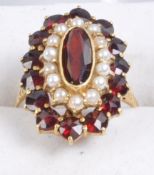 18CT GOLD SEED PEARL AND GARNET RING