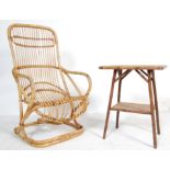 VINTAGE CANE WICKER ARMCHAIR TOGETHER WITH BAMBOO TABLE