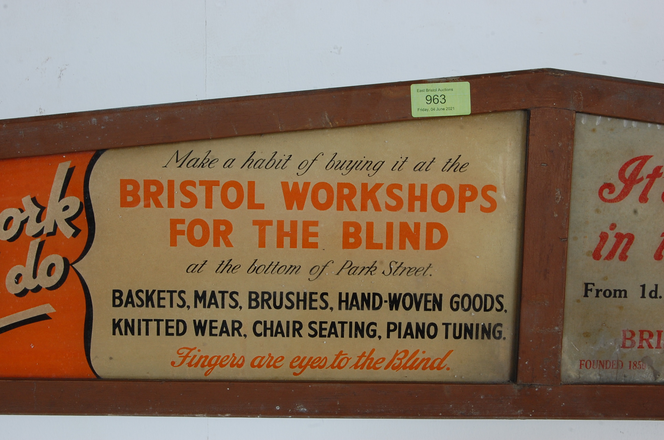 VINTAGE RETRO 20TH CENTURY GLASS ADVERTISING SIGN FOR BRISTOL WORKSHOP FOR THE BLIND - Image 3 of 7