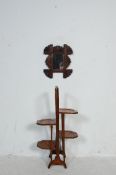 1930’S OAK FOLDING CAKE STAND AND OAK CARVED WALL MIRROR