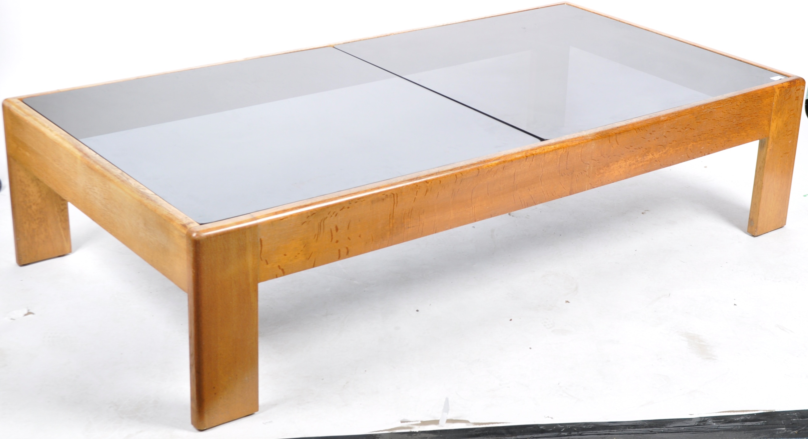 LARGE & IMPRESSIVE OAK AND SMOKEY GLASS TOPPED COFFEE TABLE