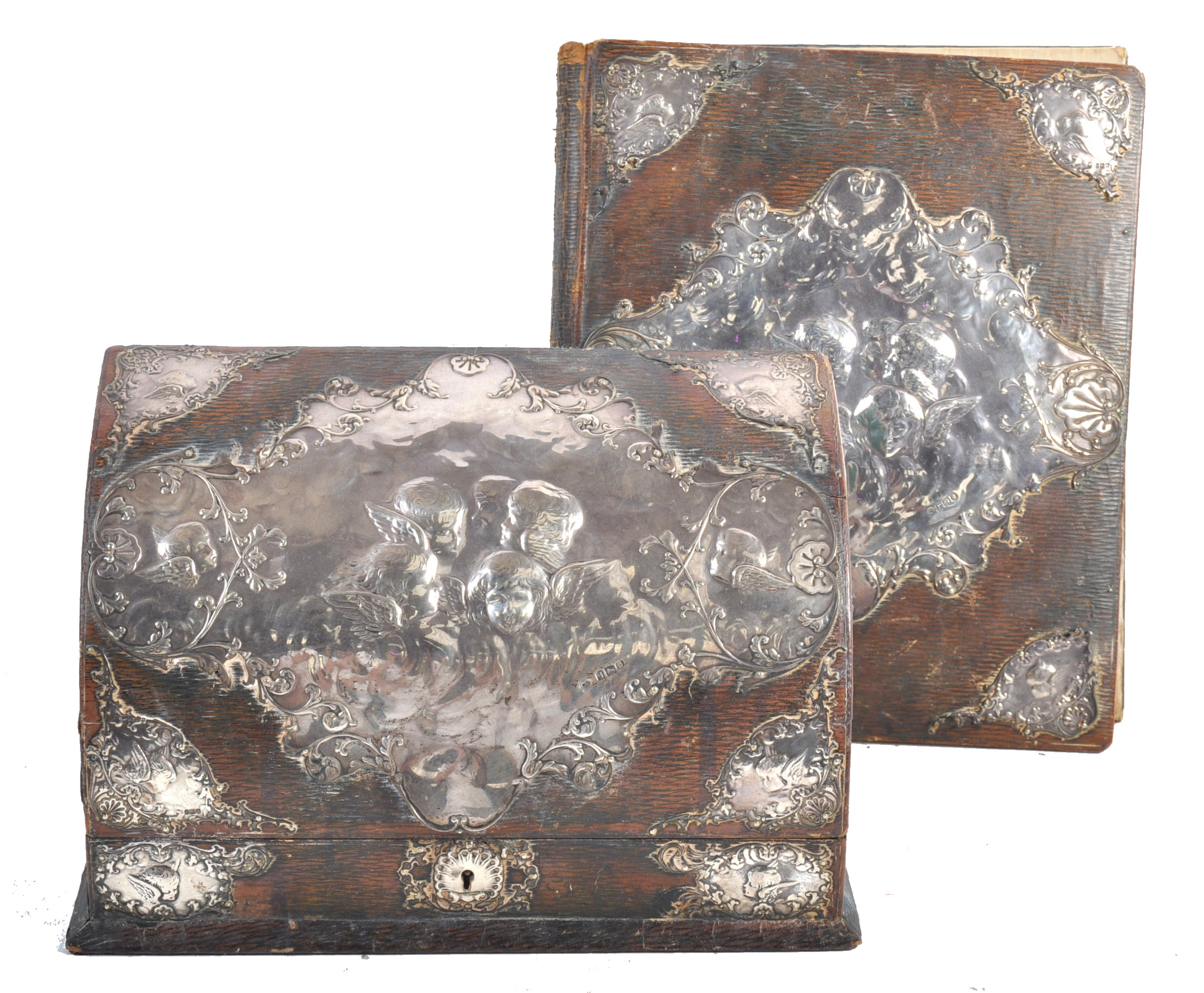 PAIR OF SILVER AND LEATHER DESK ITEMS BY WILLIAM COMYNS