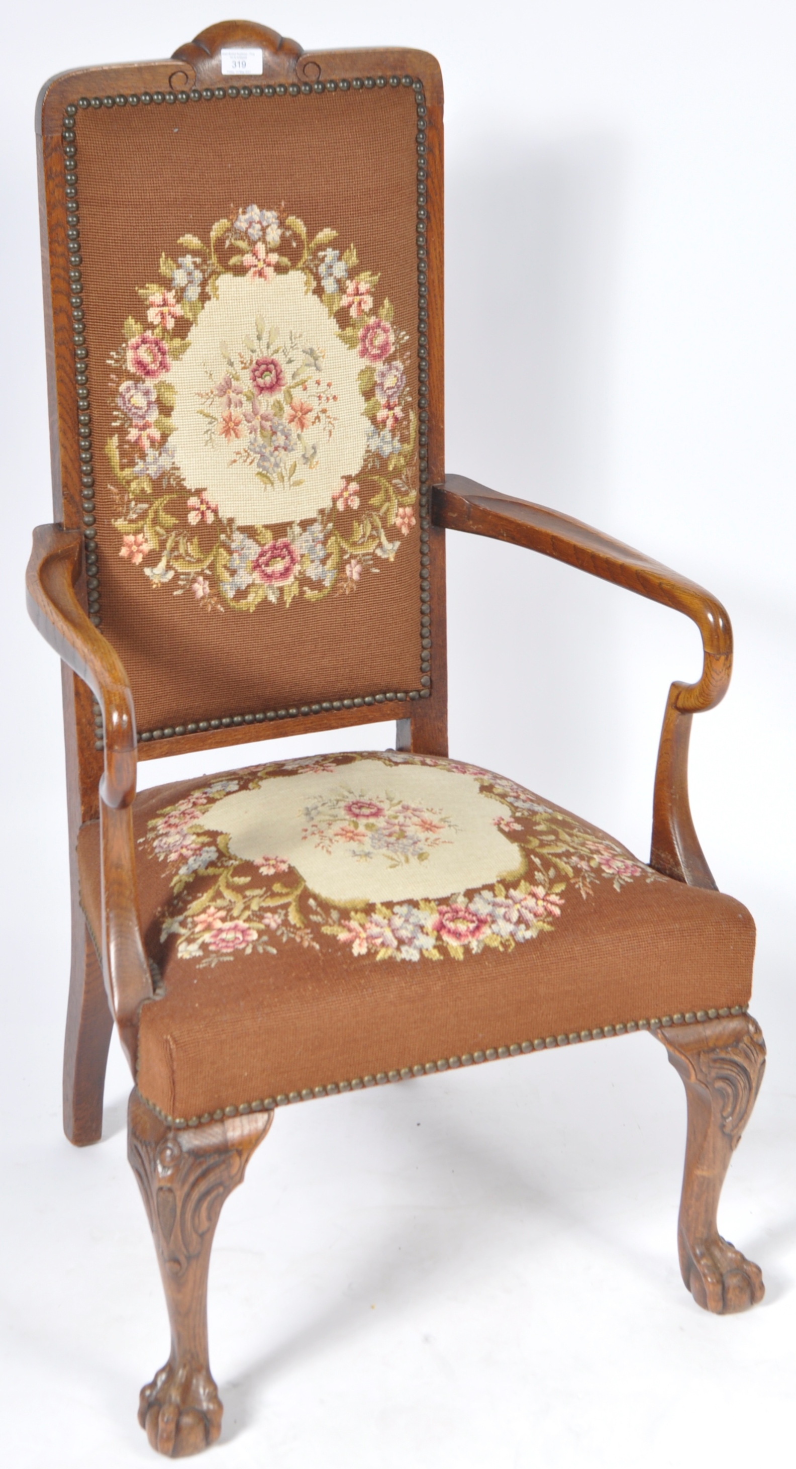 ANTIQUE 19TH CENTURY QUEEN ANNE REVIVAL OAK TAPESTRY ARMCHAIR - Image 2 of 9