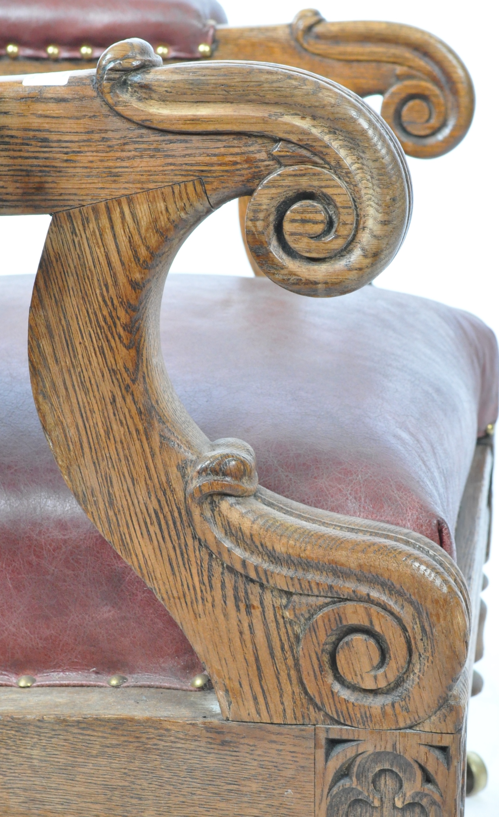 WILLIAM IV ENGLISH CARVED OAK AND LEATHER UPHOLSTERED LIBRARY CHAIR - Image 7 of 7