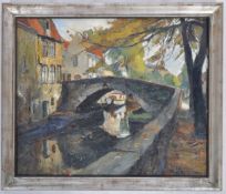 L MECHELAERE - BELGIAN OIL GOUACHE PAINTING OF BRUGGE