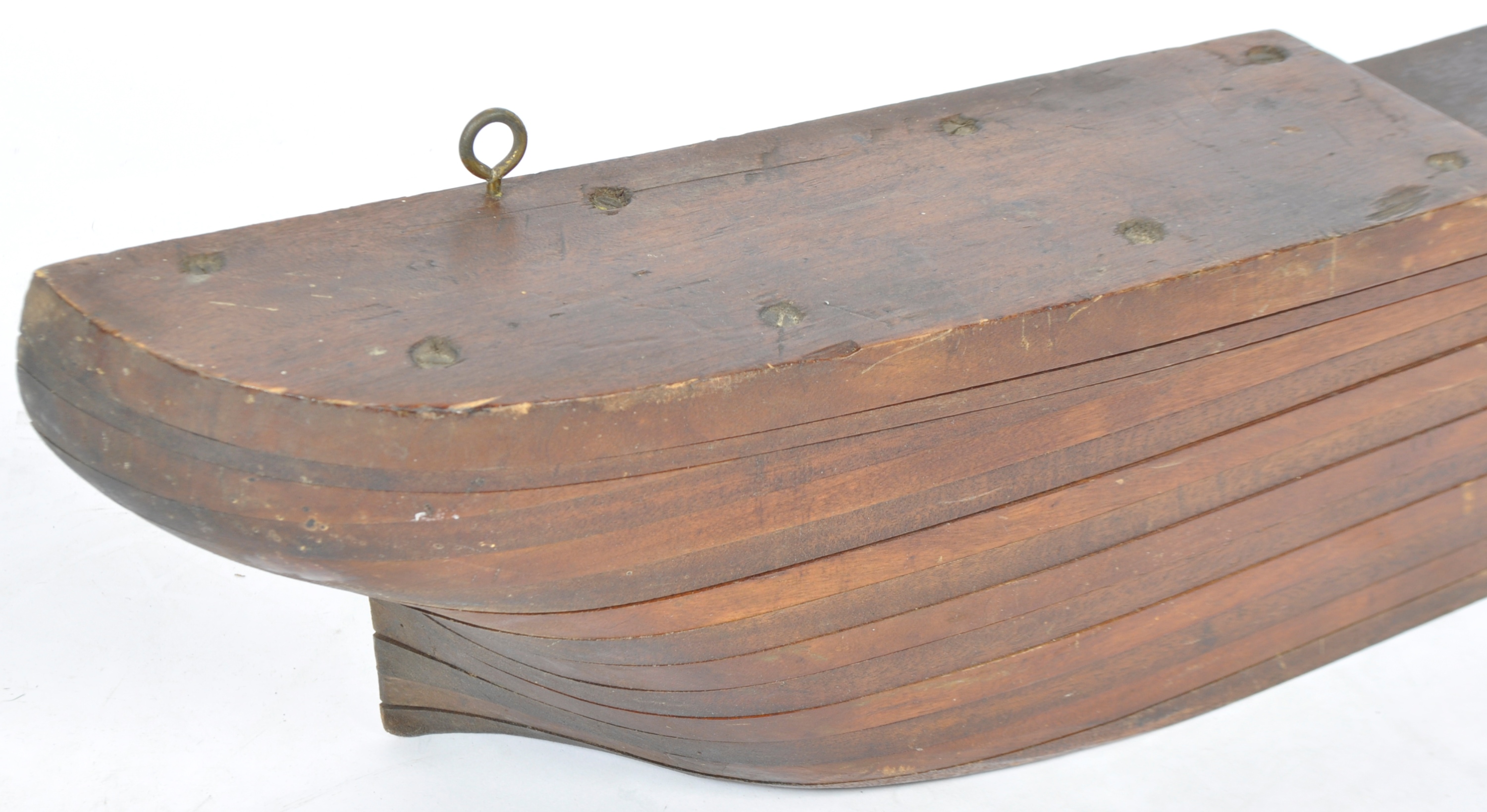 ANTIQUE ENGLISH MAHOGANY SHIPWRIGHTS HALF HULL SHIP DISPLAY - Image 3 of 5