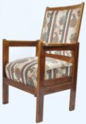 ANTIQUE ARTS AND CRAFTS OAK FRAMED OPEN ARM ARMCHAIR