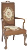 ANTIQUE 19TH CENTURY QUEEN ANNE REVIVAL OAK TAPESTRY ARMCHAIR