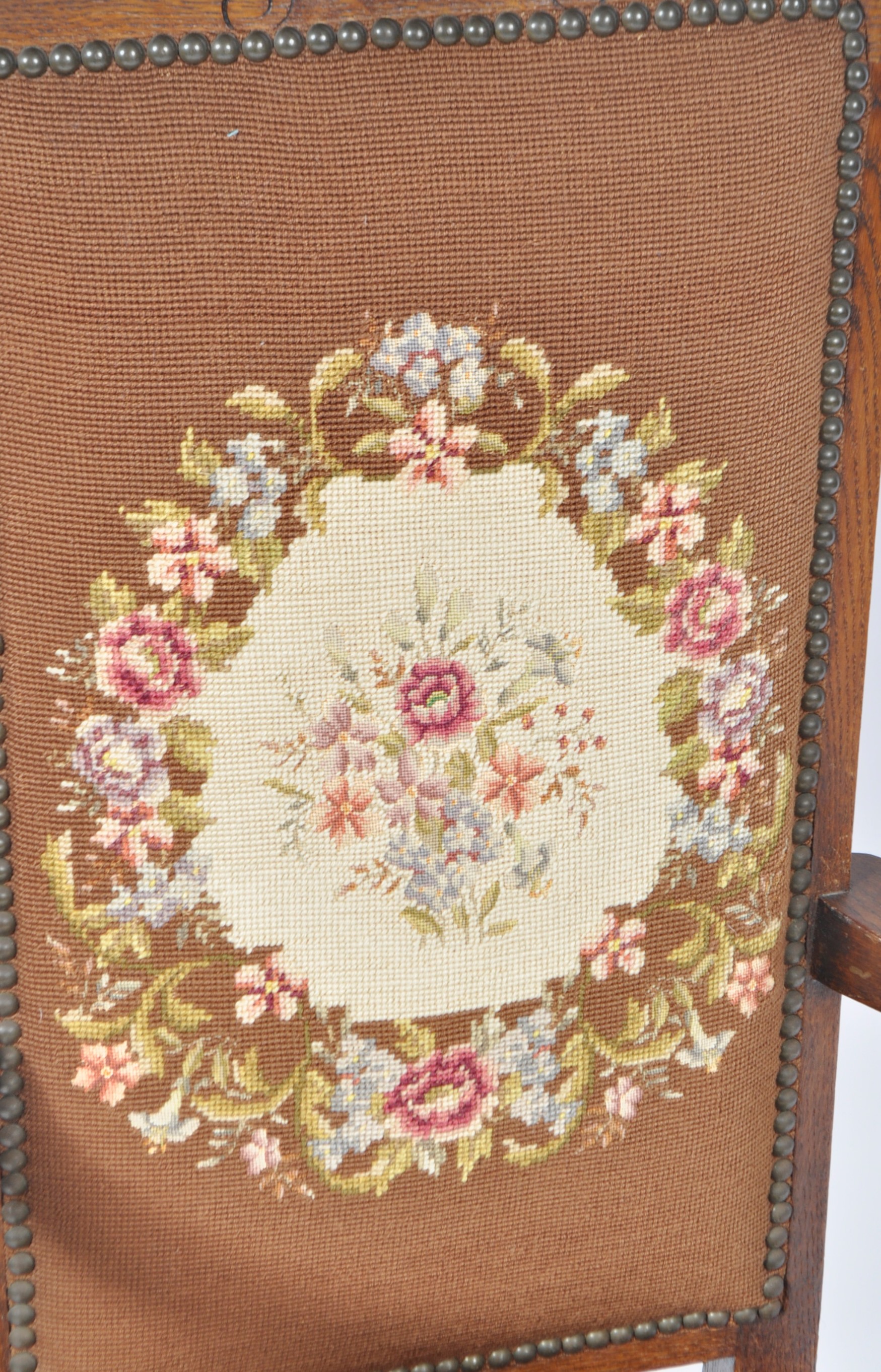 ANTIQUE 19TH CENTURY QUEEN ANNE REVIVAL OAK TAPESTRY ARMCHAIR - Image 3 of 9