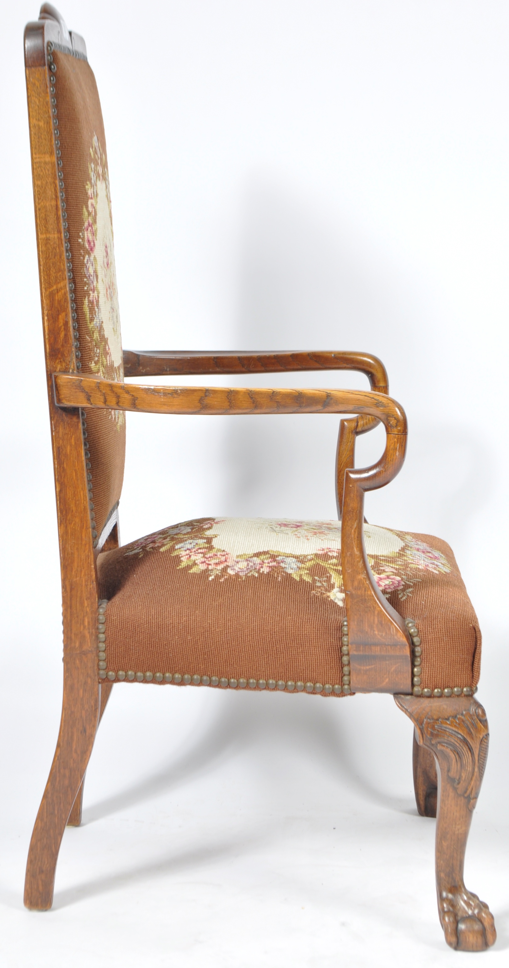 ANTIQUE 19TH CENTURY QUEEN ANNE REVIVAL OAK TAPESTRY ARMCHAIR - Image 7 of 9