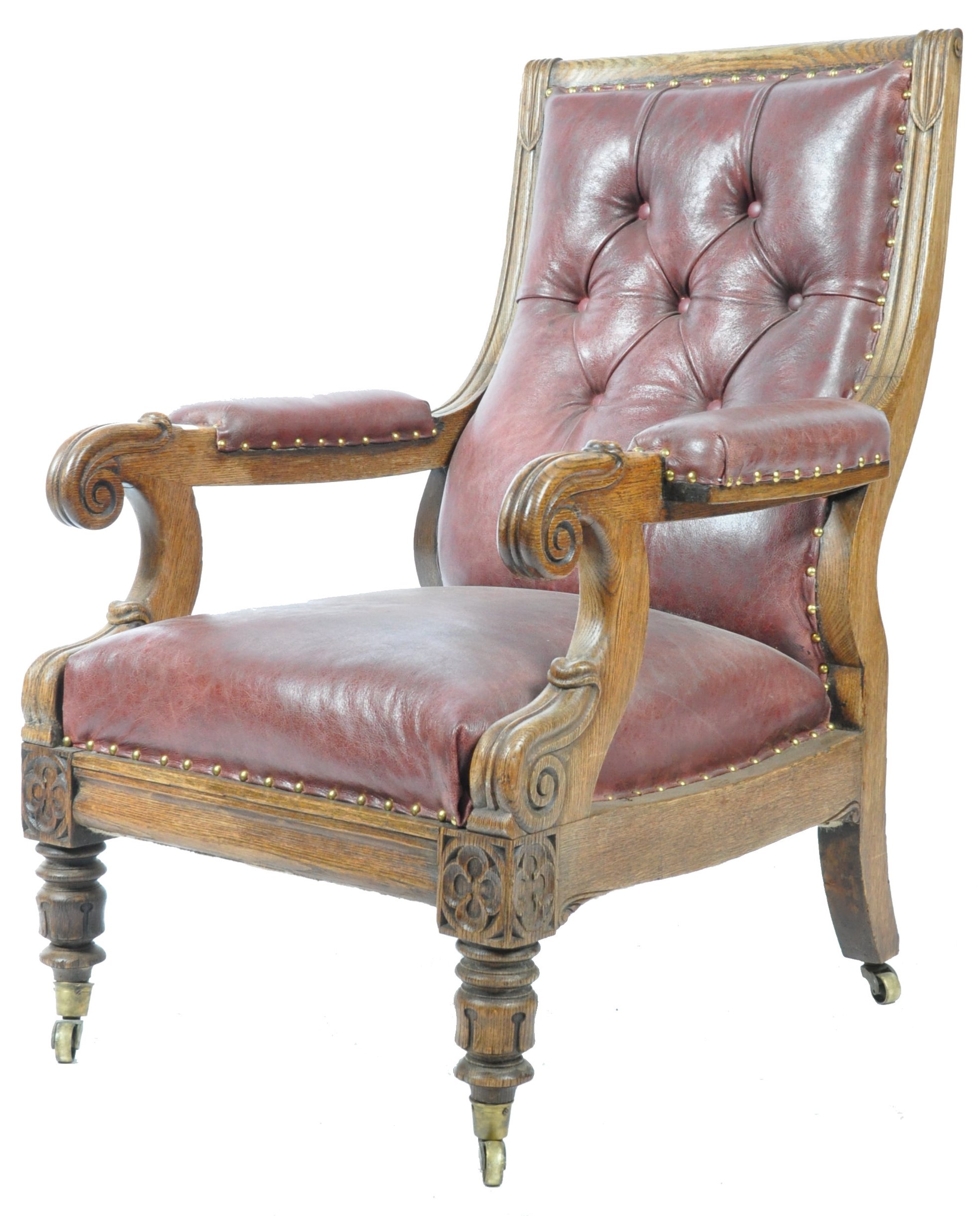 WILLIAM IV ENGLISH CARVED OAK AND LEATHER UPHOLSTERED LIBRARY CHAIR