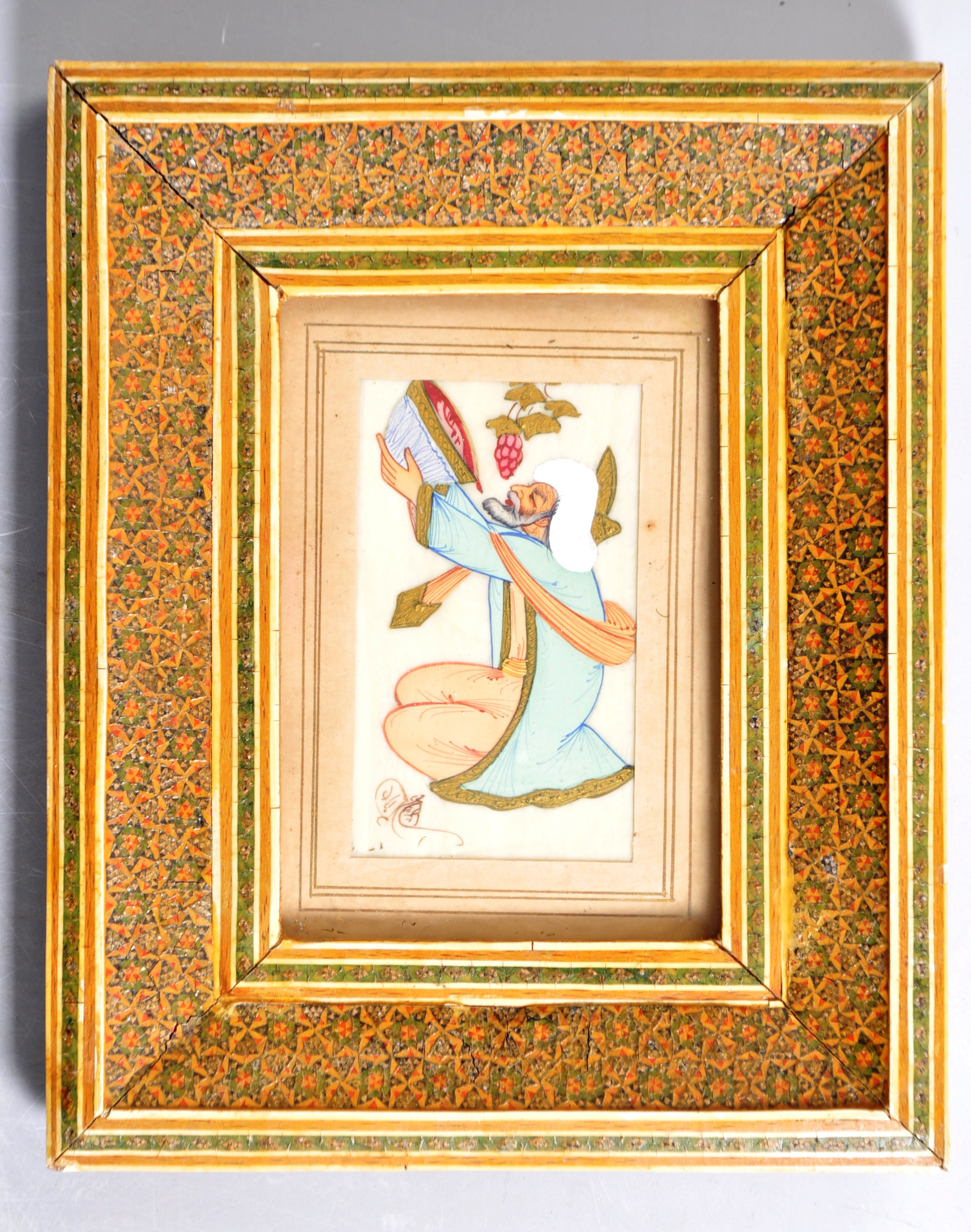 ANTIQUE PERSIAN PAINTING ON IVORY IN MICRO MOSAIC FRAME