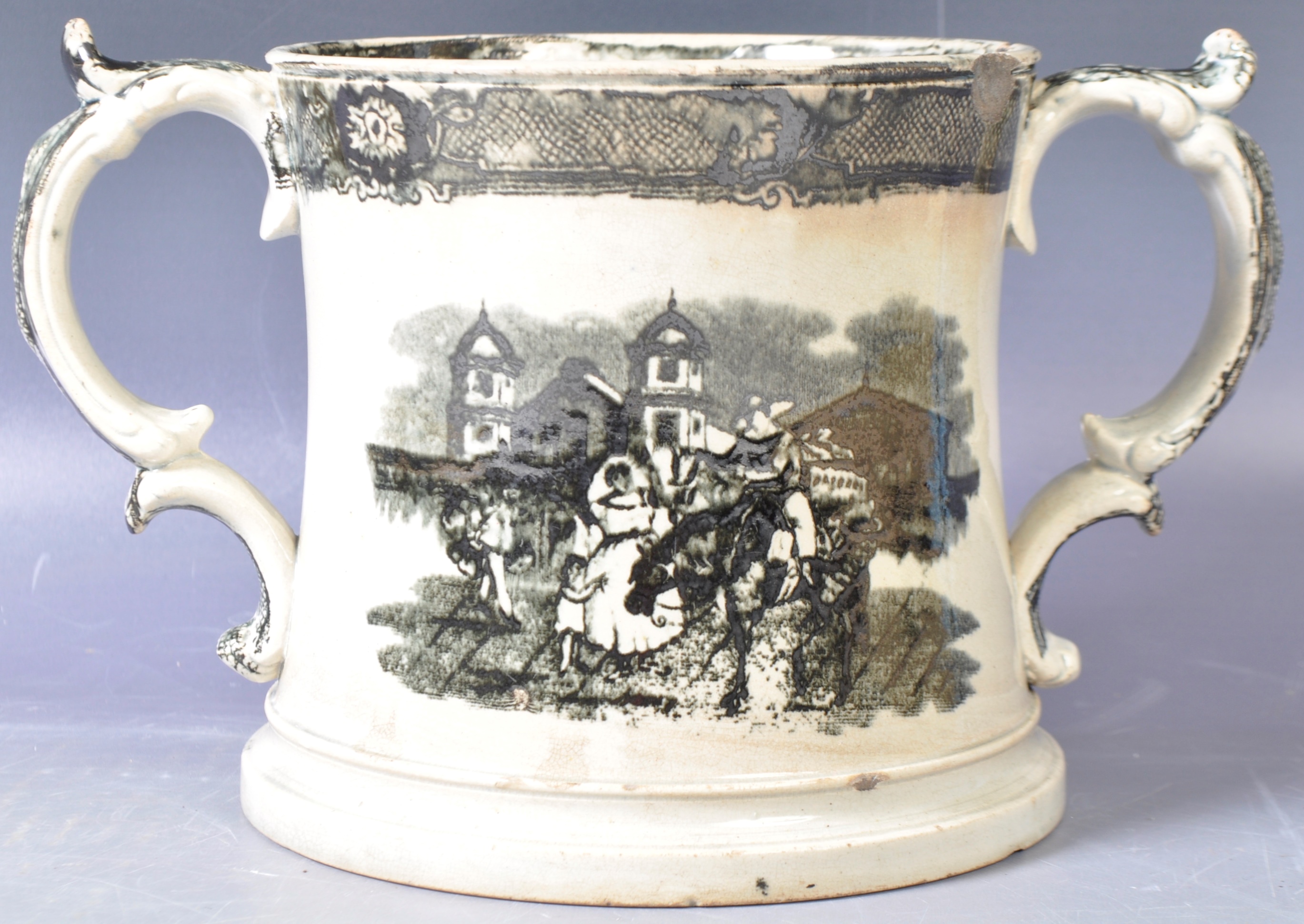 ANTIQUE BLACK AND WHITE TRANSFER STAFFORDSHIRE LOVING CUP - Image 2 of 7