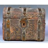 16TH CENTURY FRENCH EMBOSSED LEATHER AND IRON BOUND CASKET BOX