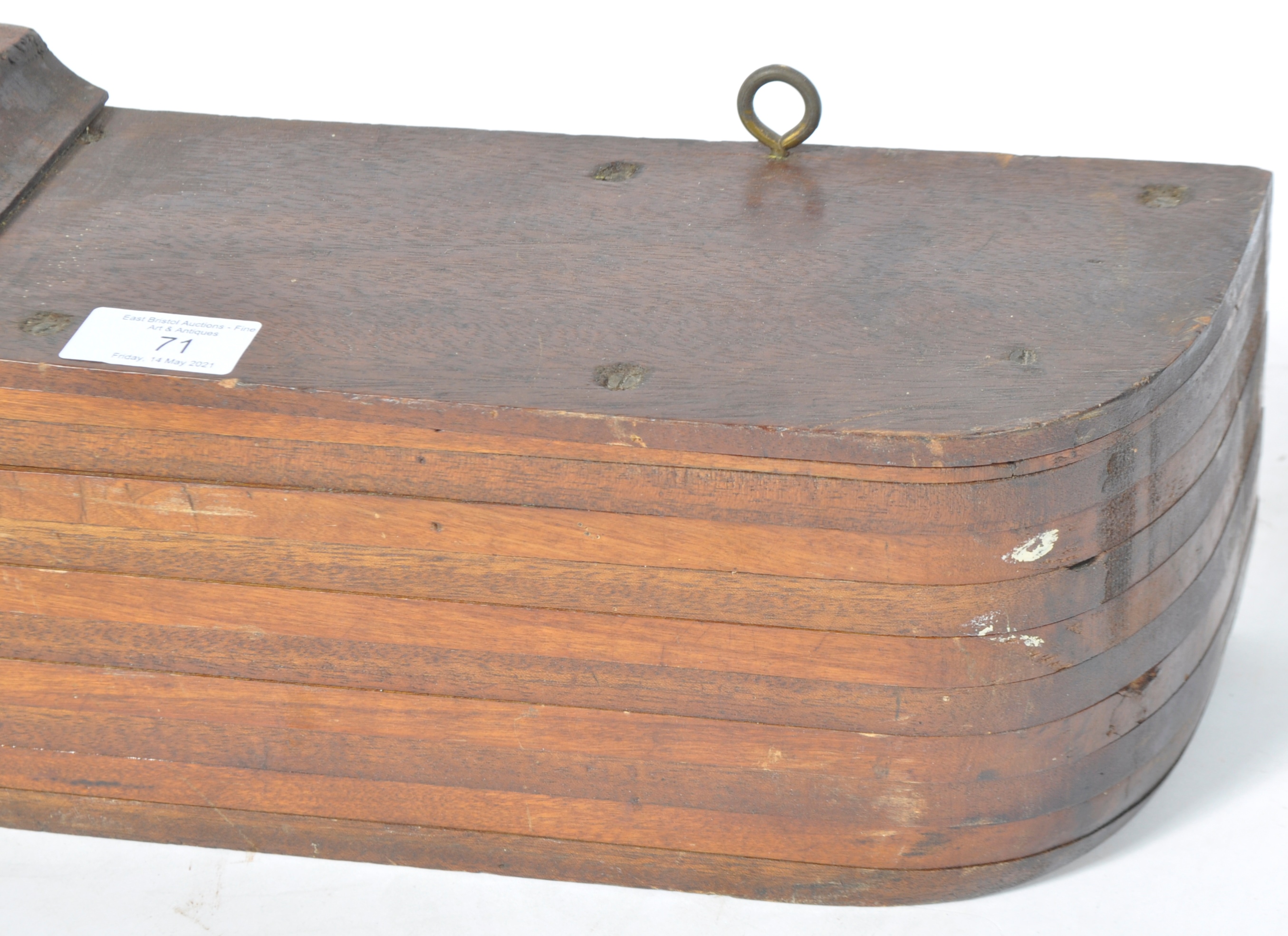 ANTIQUE ENGLISH MAHOGANY SHIPWRIGHTS HALF HULL SHIP DISPLAY - Image 4 of 5