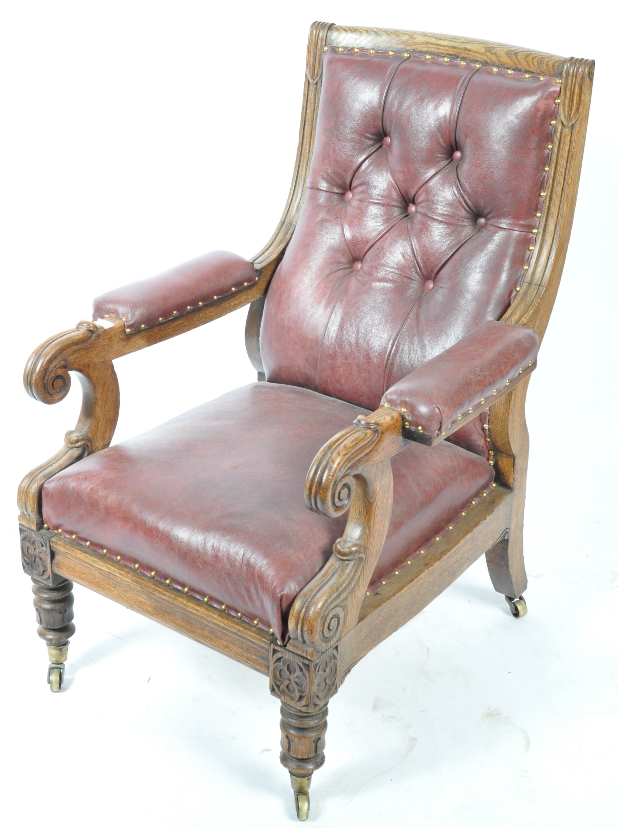 WILLIAM IV ENGLISH CARVED OAK AND LEATHER UPHOLSTERED LIBRARY CHAIR - Image 2 of 7