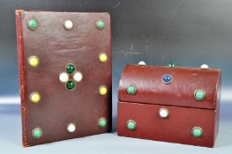 UNUSUAL LEATHER STATIONARY BOX & BLOTTER WITH COLOURED CABOCHONS