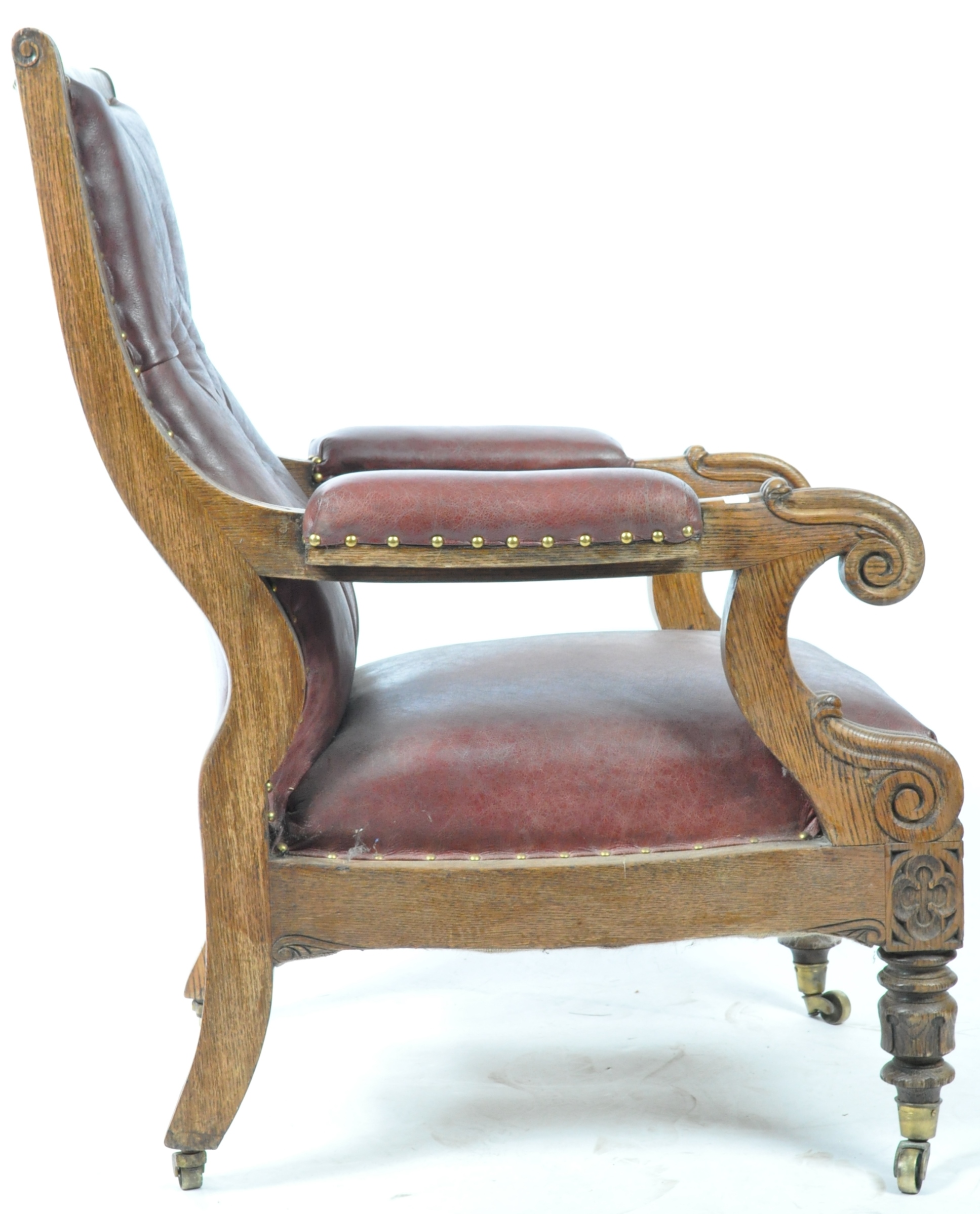 WILLIAM IV ENGLISH CARVED OAK AND LEATHER UPHOLSTERED LIBRARY CHAIR - Image 5 of 7